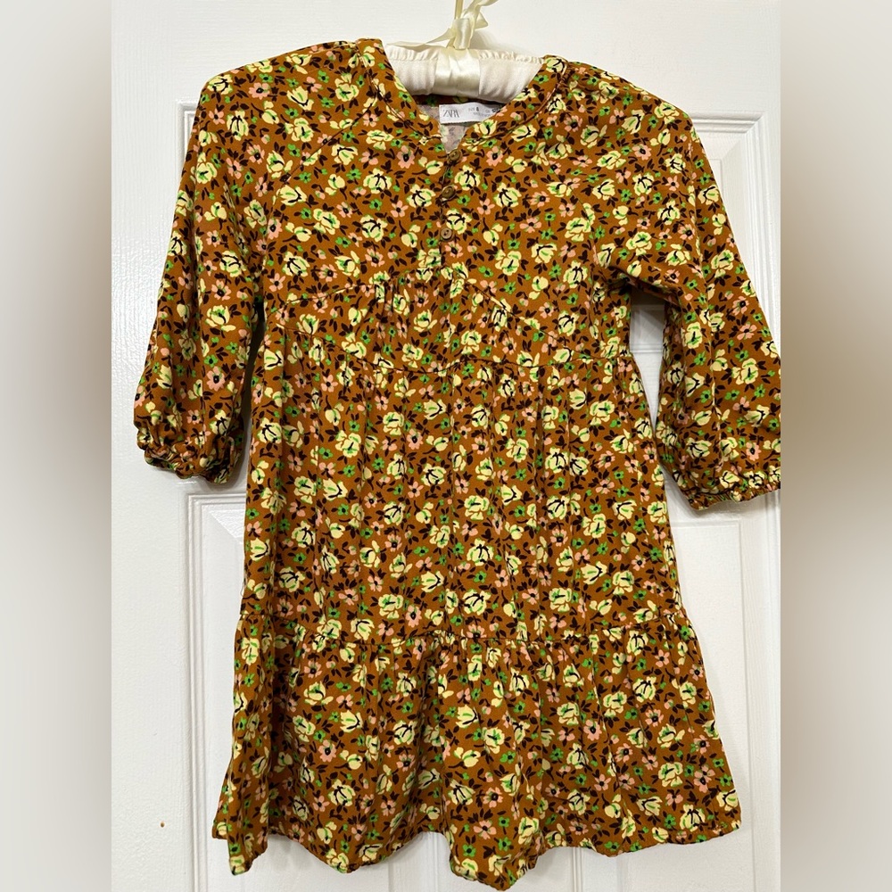 Zara Dress Girls Golden Brown Pink Yellow Floral Round Neck Feminine Size 8